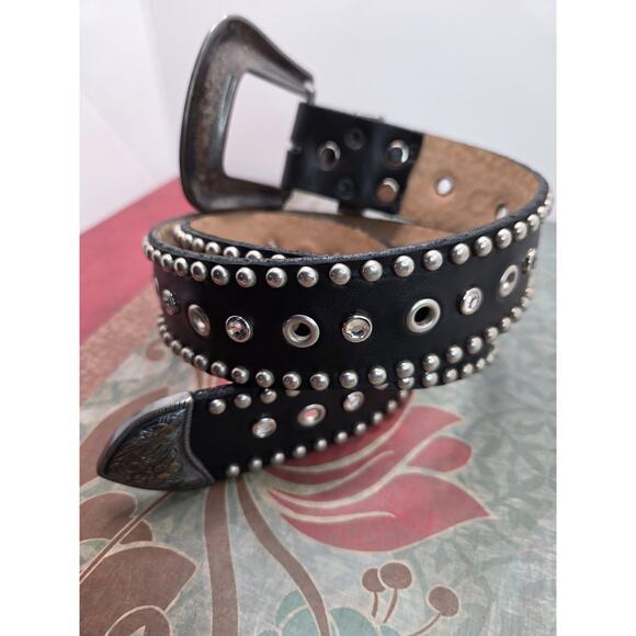 Leather Rock Studded Rhinestone Rocker Belt 1.5” Wide X 34" Black & Chrome - Picture 4 of 11